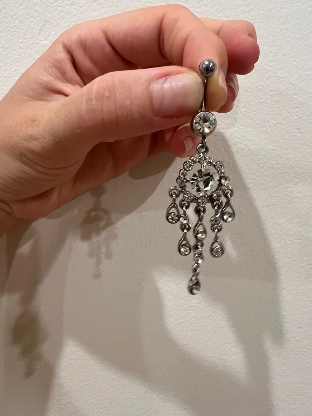 Silver Crystal Dangle Belly Button Ring - Clear Rhinestones